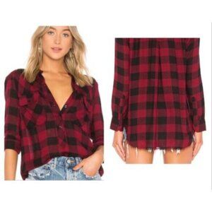 Rails “Redding” Buffalo Plaid Shirt – Linen Blend, Fringe Trim – Black & Red XS